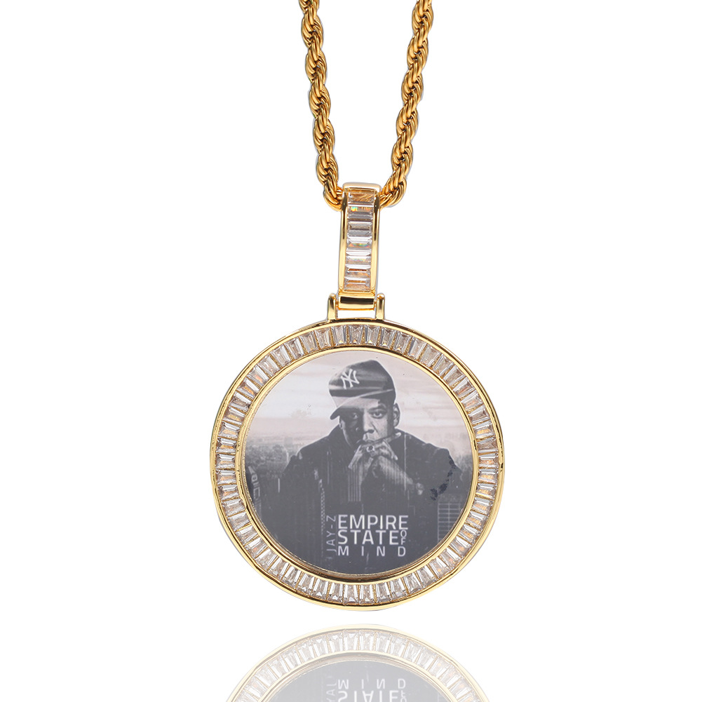 Family Memorial DIY Jewelry Gifts Hip Hop Round Pendant Custom Photo Necklace Baguette Diamond 18K Gold Cubic Zirconia Iced Out for Men Guys