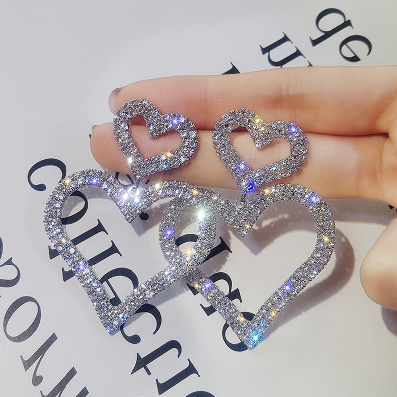 Stud FezaWedding Jewelry Double Heart Earrings Small Big For Women Shinning Rhinestone Femme Bijoux Cute Gifts1