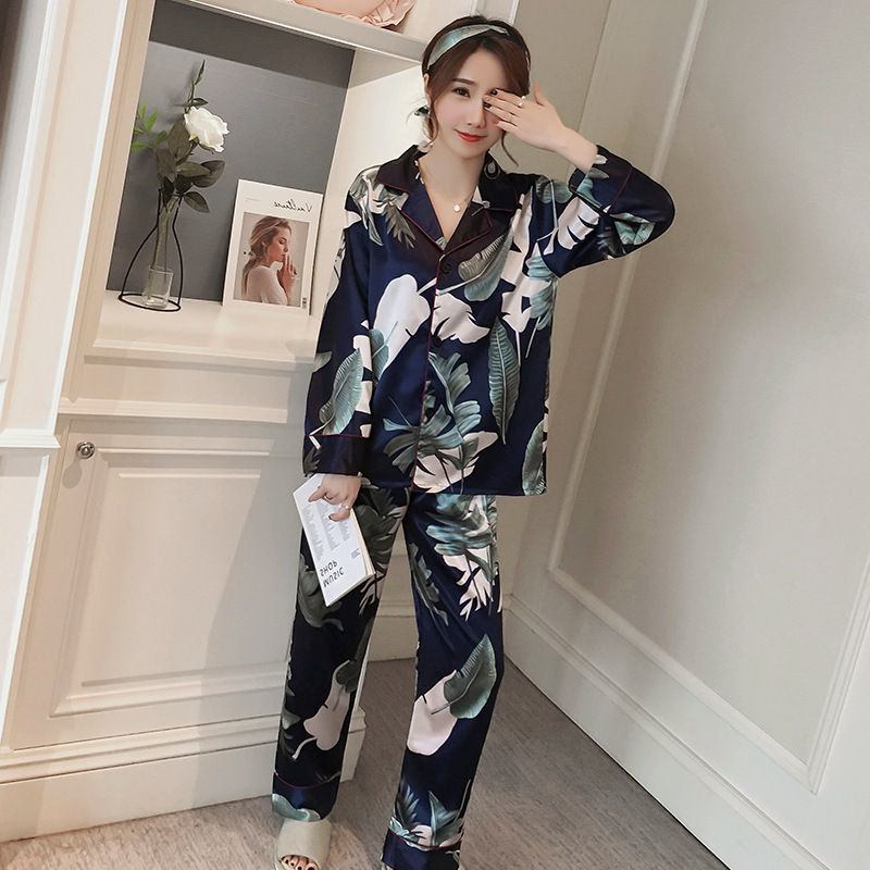 Women Plus Size 5XL Pyjamas Autumn Flower Printed Satin Silk Pajama Set Rayon Sleepwear Long Sleeve Trousers Nightwear Suit 200919