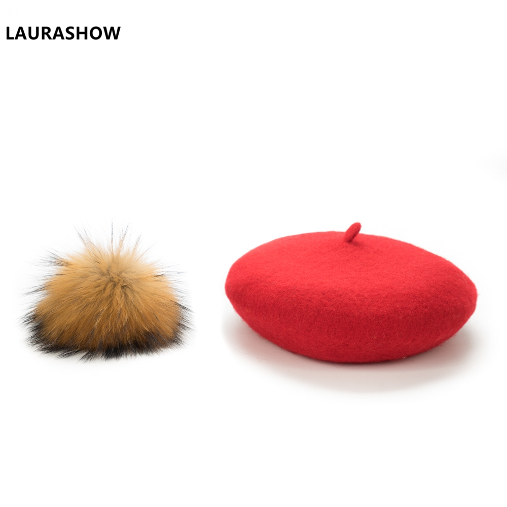 Laurashow Baby Beret Warm Wool Winter Beanie Hat With Real Fur Ball Pom Poms Girl Vintage Plain Kids Beret Hats Parent-child Cap LJ200917