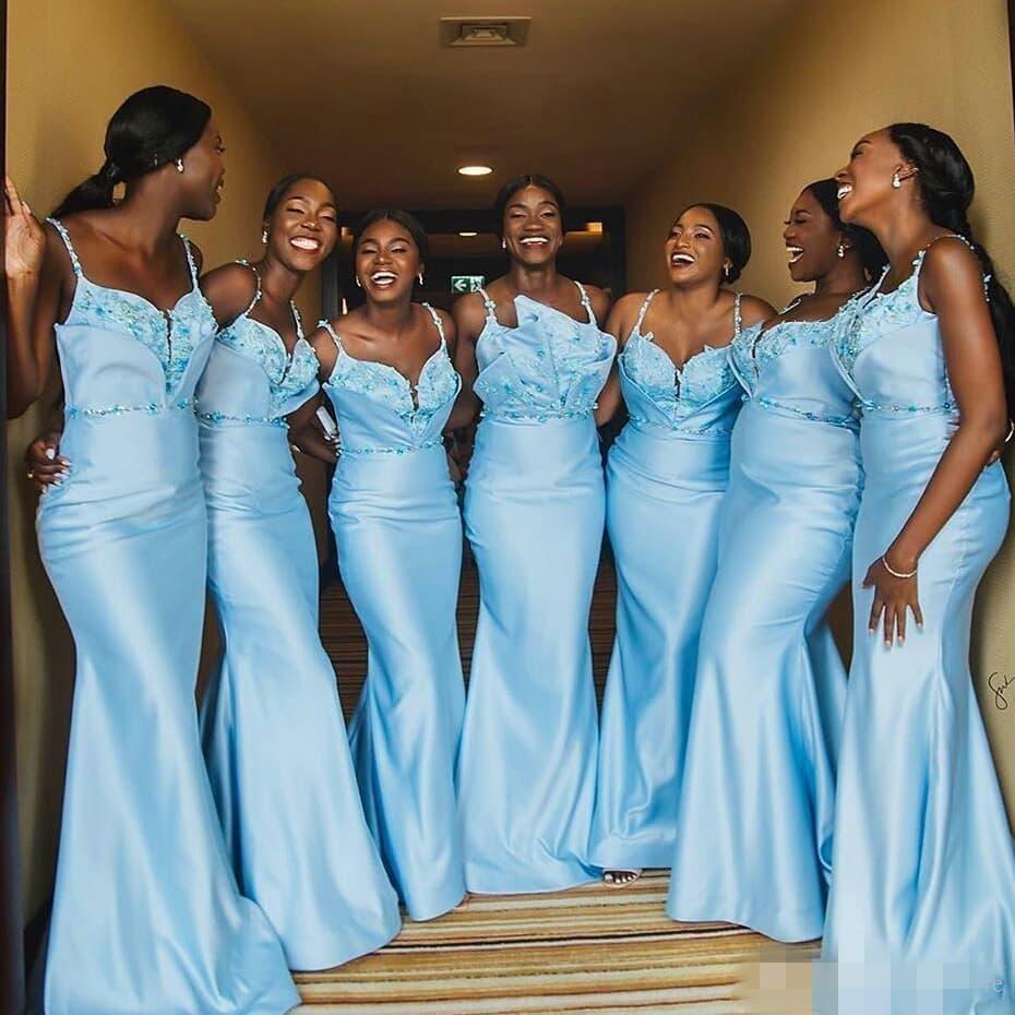 Baby Blue Satin Mermaid Bridesmaid Dresses Spaghetti Straps Lace Appliqued Maid Of Honor Gowns Plus Size Prom Dress