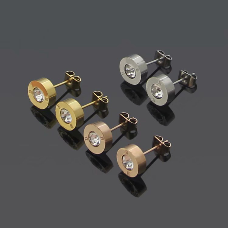 Europe America Style Lady Women Titanium Steel Engraved B Initials Single Diamond Round Stud Earrings 3 Color