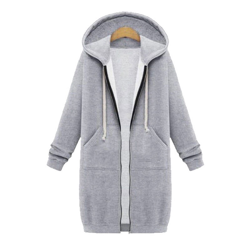 Laamei Autumn Winter Casual Women Long Hoodies Sweatshirt Coat Zip Up Outerwear Hooded Jacket Plus Size Outwear Tops
