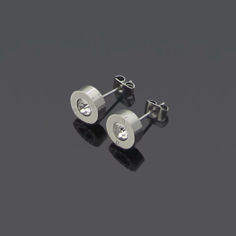 Europe America Style Lady Women Titanium Steel Engraved B Initials Single Diamond Round Stud Earrings 3 Color