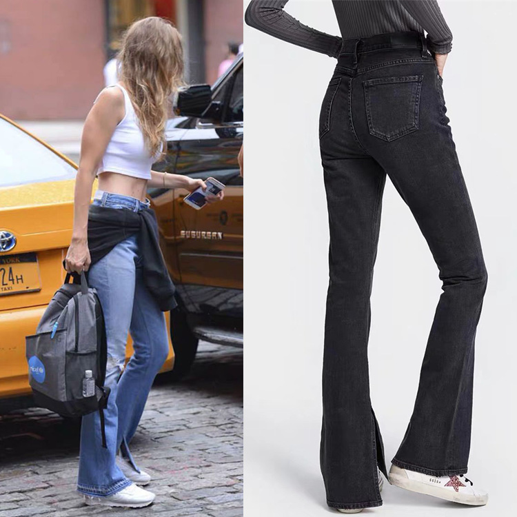 2020 Autumn Trendy Design High Waist Button Zipper Washed Vintage Split Temperament Flared Pants Women Jeans Fashion Classic, Black
2020 Autumn Trendy Design High Waist Button Zipper Washed Vintage Split Temperament Flared Pants Women Jeans Fashion Classic, Black