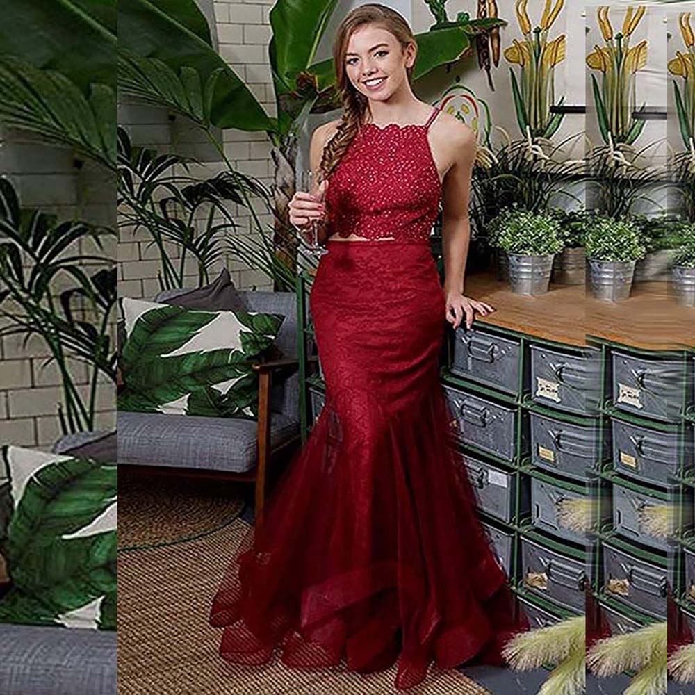 New Evening Dresses Long Halter Multilayered Tulle Beaded Prom Gown 2 Piece Formal Party Dress robe de soiree