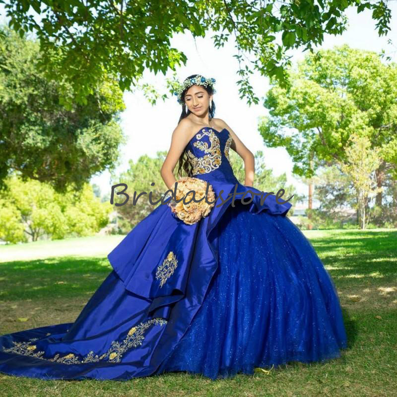 Royal Blue Quinceanera Dresses Mexican 2020 Sweetheart Ball Gown Prom Dresses With Gold Appliques Corset Top Sweet 16 Prom Dress vestido de