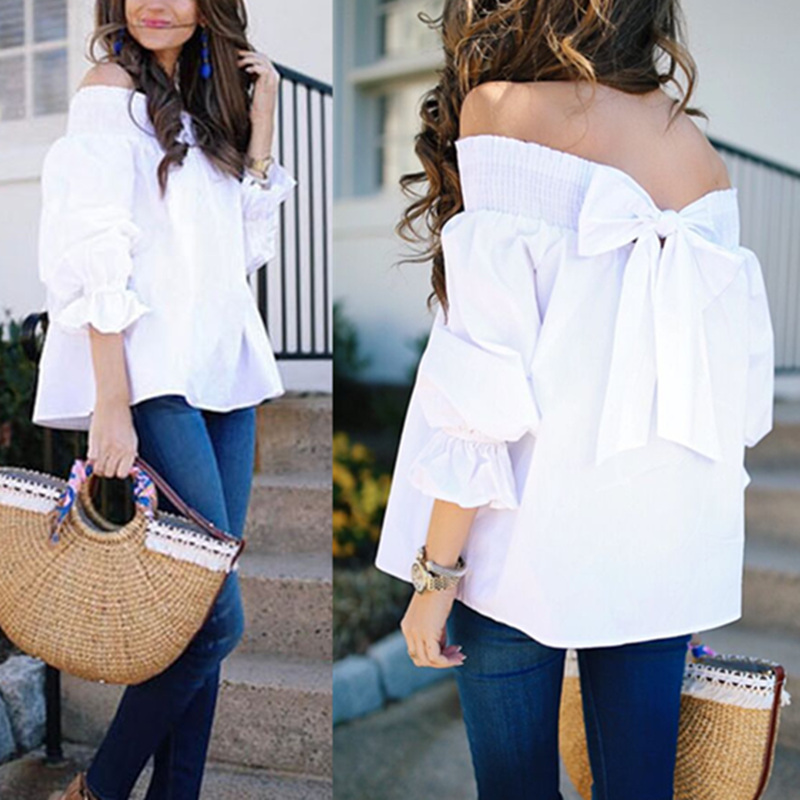 Celmia Sexy Off Shoulder Tops Blusa Feminina Women Blouse 2020 Summer Strapless Bowknot Slash Neck Casual Loose Shirts Plus Size