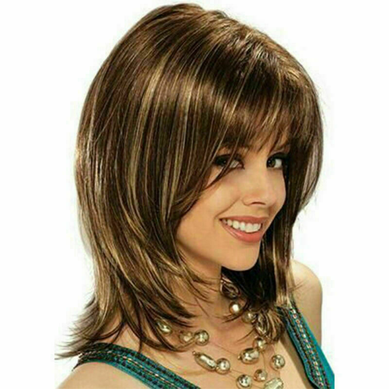 Women Short Straight Wig Ombre Brown Synthetic Hair Fancy Dress Cosplay Party