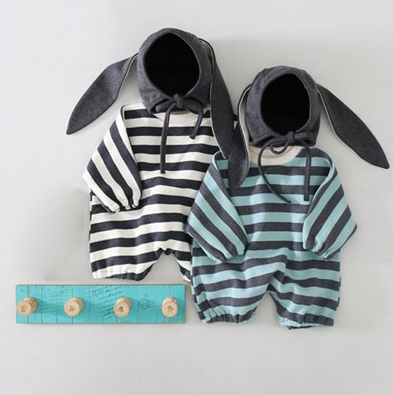 Baby Loose Romper Striped Baby Girl Bunny Romper Rabbit Hat 2pcs Sets Newborn Boy Jumpsuits Autumn Boutique Baby Clothing BT5878
