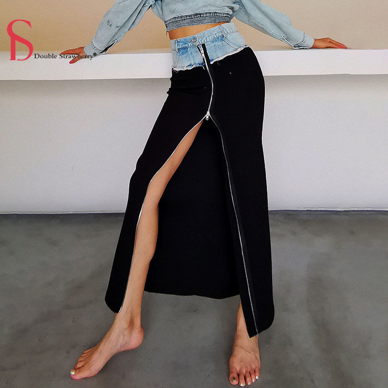 Double Stawberry Women Fashion Street Style Denim Contrast Color Stitching High-waist Zipper Slits Slimming Bodycon Long Skirts, Black
Double Stawberry Women Fashion Street Style Denim Contrast Color Stitching High-waist Zipper Slits Slimming Bodycon Long Skirts, Black
