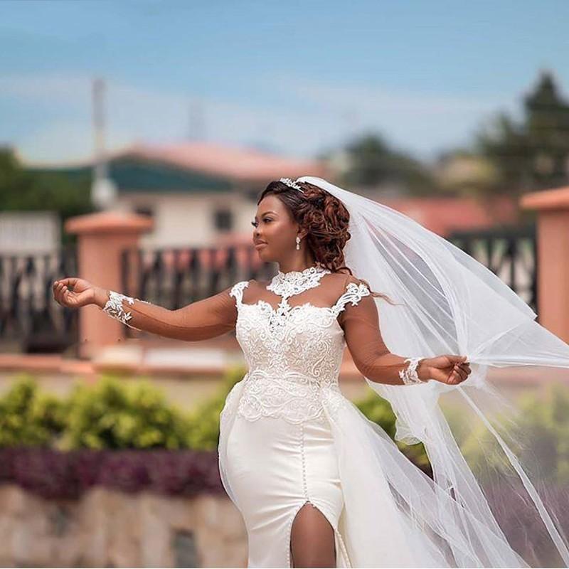 Elegant Black Girls Wedding Dresses Plus Size Long Sleeve Overskirt Mermaid Bridal Gowns Side Slit Lace Wedding Dress robes de mariée