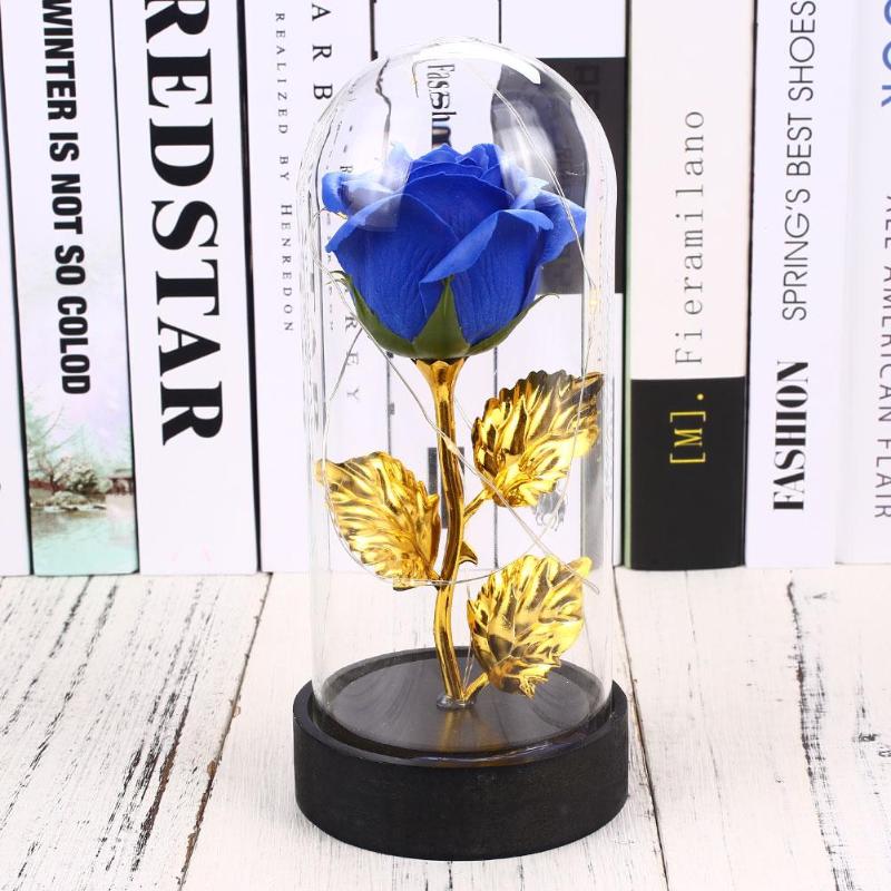 Soap Rose Flower Glass Cover LED Light Valentine'S Day Celebration Anniversary Eternal Rose Flower Imitation Gold Foil