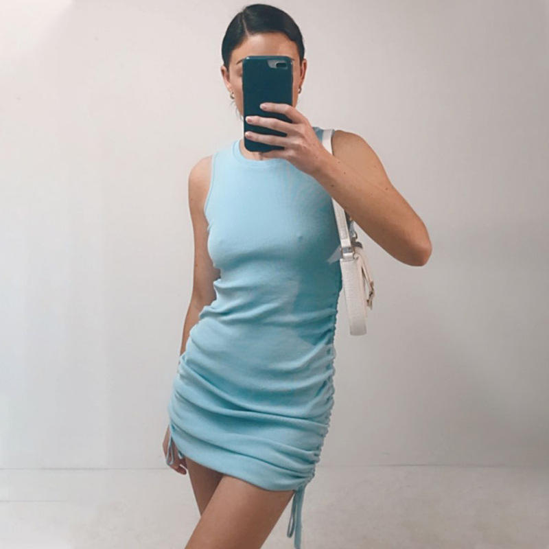 Women Drawstirng Solid Color Round Neck Sleeveless Bodycon Pleated Short Dresses, Black;gray
Women Drawstirng Solid Color Round Neck Sleeveless Bodycon Pleated Short Dresses, Black;gray