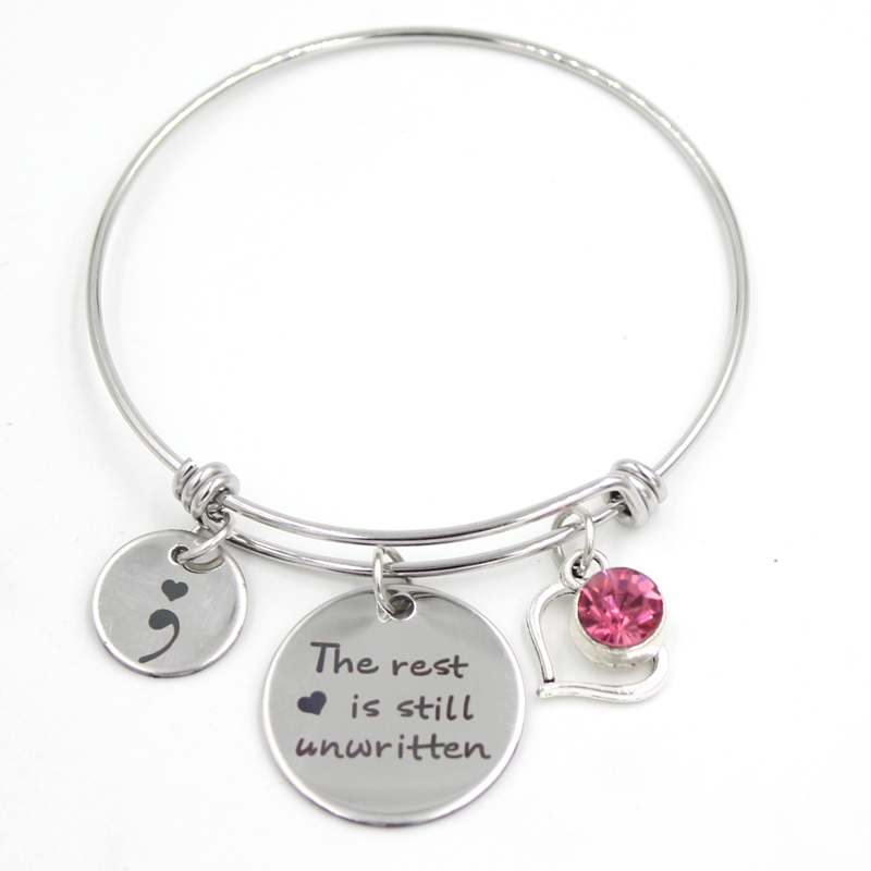1PC Semicolon Jewelry Stainless Steel Bangle Bracelet The rest is still unwritten Suicide prevention awreness Bracelet gifts
1PC Semicolon Jewelry Stainless Steel Bangle Bracelet The rest is still unwritten Suicide prevention awreness Bracelet gifts