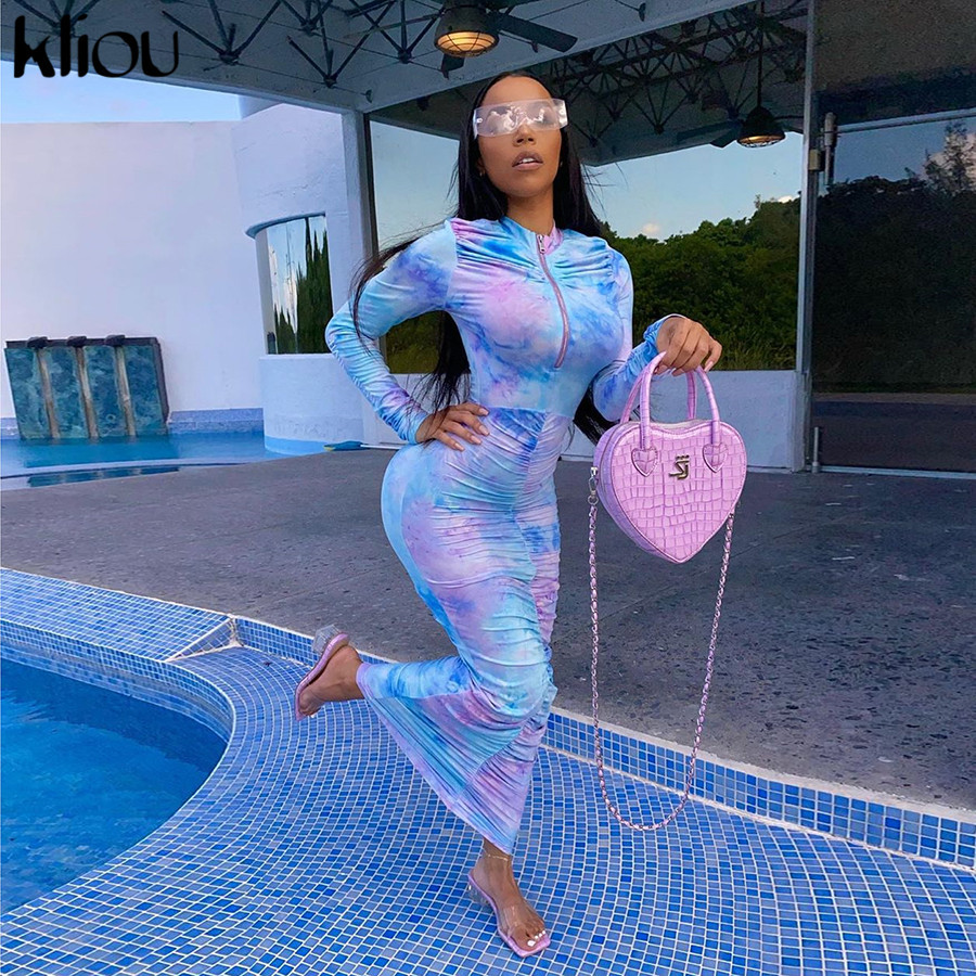 Kliou women tie dye print long sleeve bodycon dress ruched fitness skinny zipper colorful fashion vestido de mujer streetwear 200928