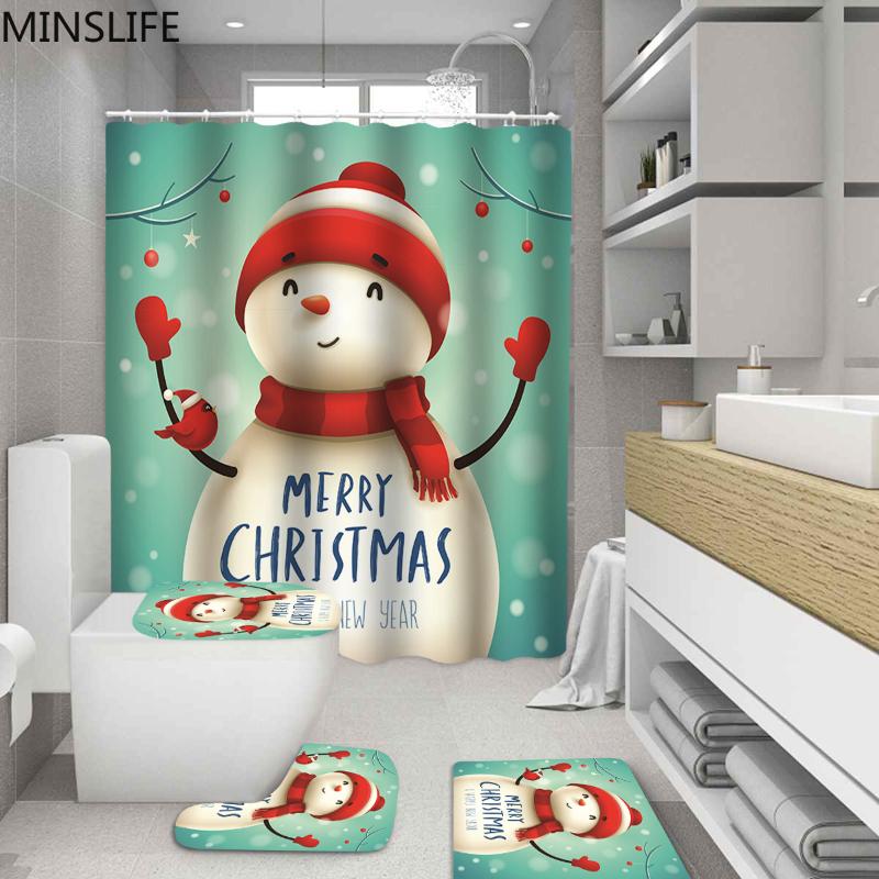 Shower Curtains Happy Year Snowman Pattern Bathroom Set With Curtain And Rugs Toilet Bath Mat Holiday Party Christmas Decoration