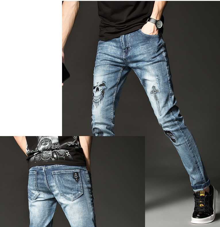 Skull Mens hop-hip Embroidery Soft Stretch Cotton Denim Slim Light Blue Jeans Vintage Casual Streetwear Pants