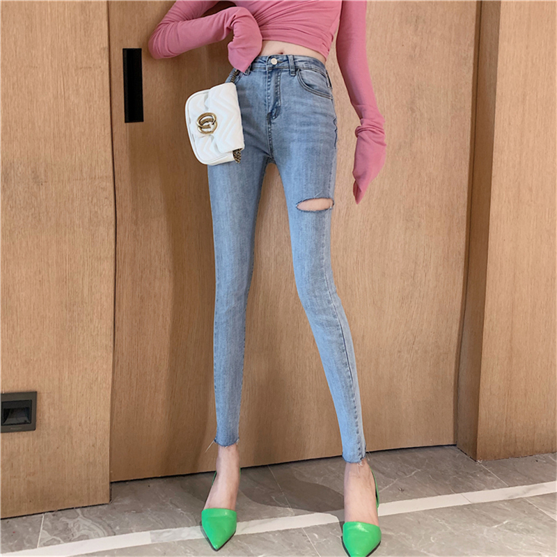 Real shot 2020 new fashion retro wild high waist was thin elastic hole jeans casual washed nine points pencil pants, Blue
Real shot 2020 new fashion retro wild high waist was thin elastic hole jeans casual washed nine points pencil pants, Blue