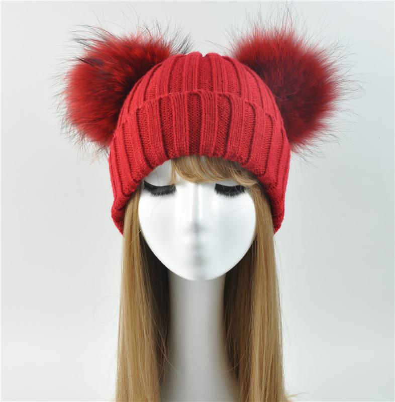 Winter Real Fur Ball Beanie Hat for Women Ladies Fluffy Double Natural Raccoon Fur Pom Pom Skullies Beanie Hat With 2 Pompom
