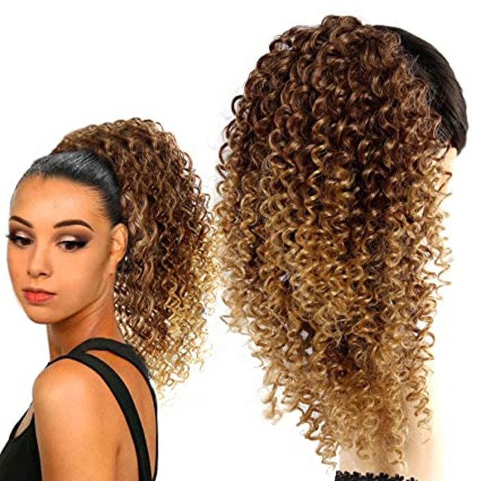 Mongolian Kinky Curly Ombre honey blonde Wraps drawstring Clip in on Ponytail Extensions Ombre Drawstring Hair Pieces 120g
