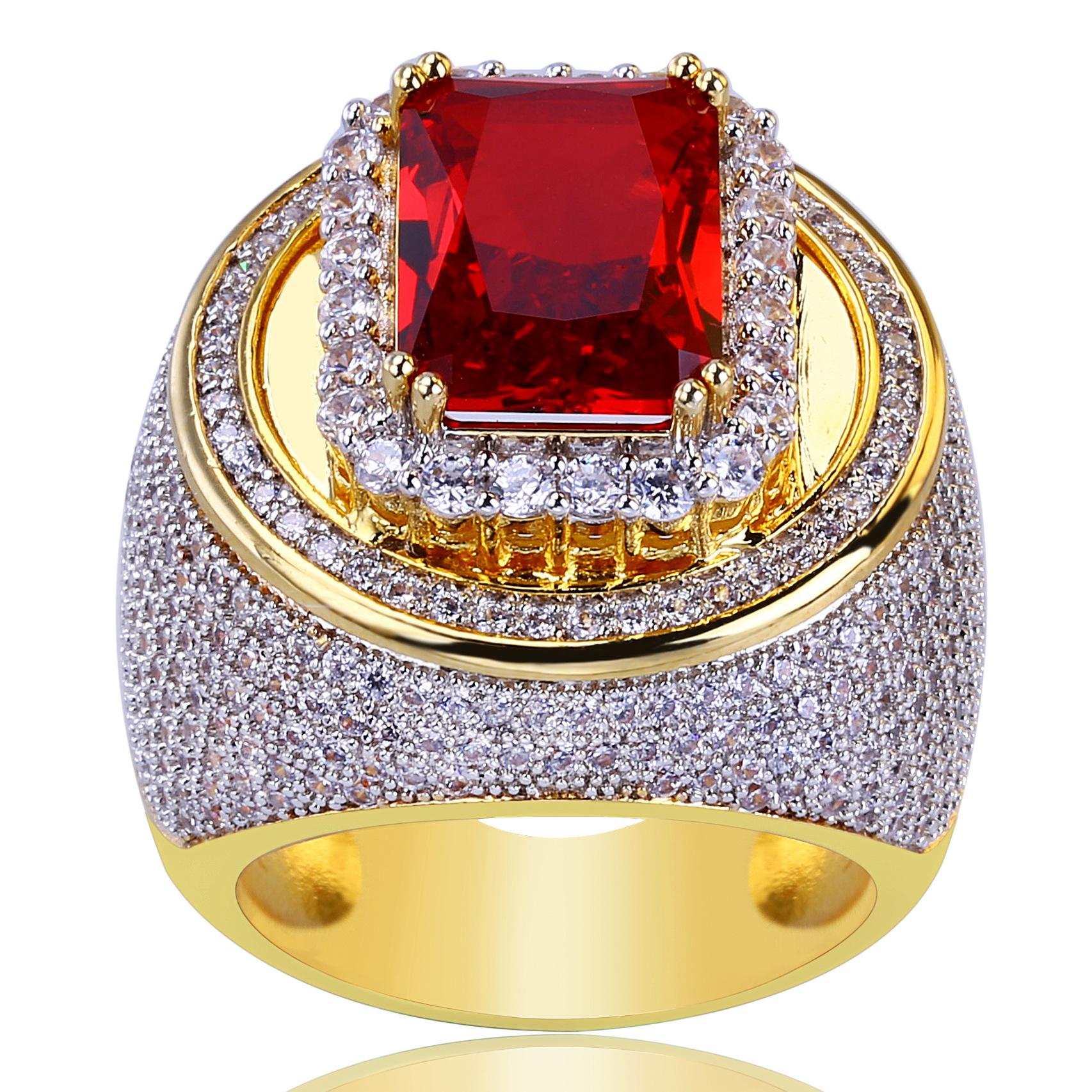 New Mens Ring Vintage Hip Hop Jewelry Ruby Zircon Iced Out Copper Rings Real Gold Plated for Lover Fashion Jewelry Wholesale
