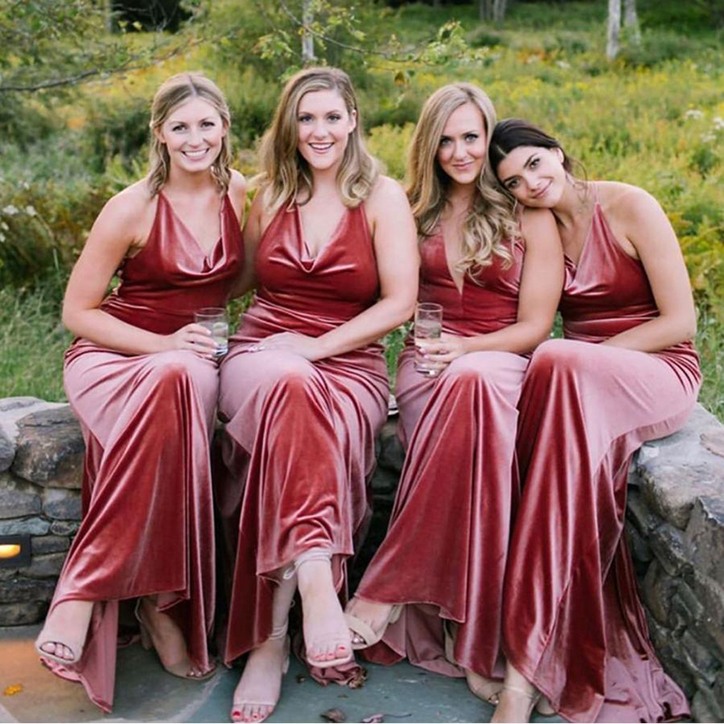 Vintage Velvet Long Bridesmaid Dresses V-neck Countryside Beach Maid of Honor Wedding Guest Party Dress