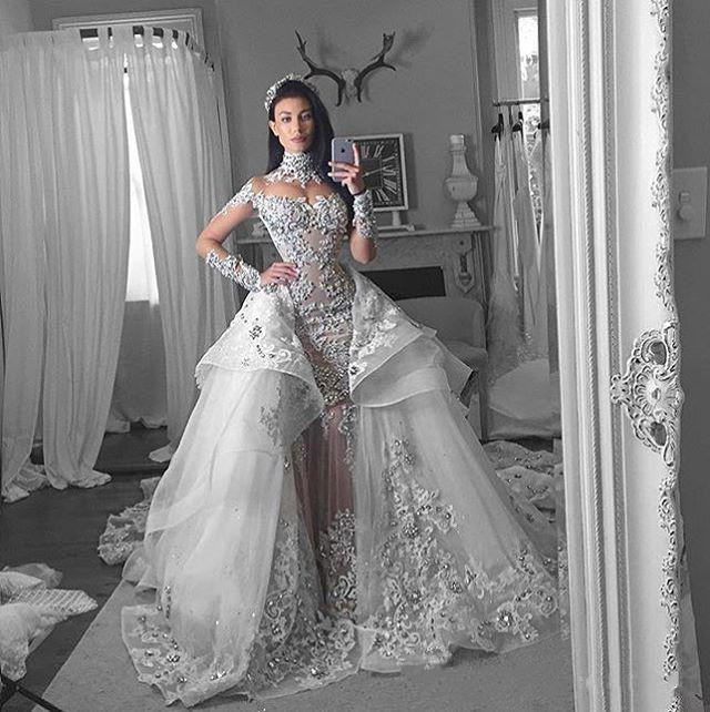 Beaded Graceful Mermaid Lace Wedding Dresses With Detachable Train High Neck Plus Size Rhinestones Bridal Gowns Long Sleeves Robe De Marie