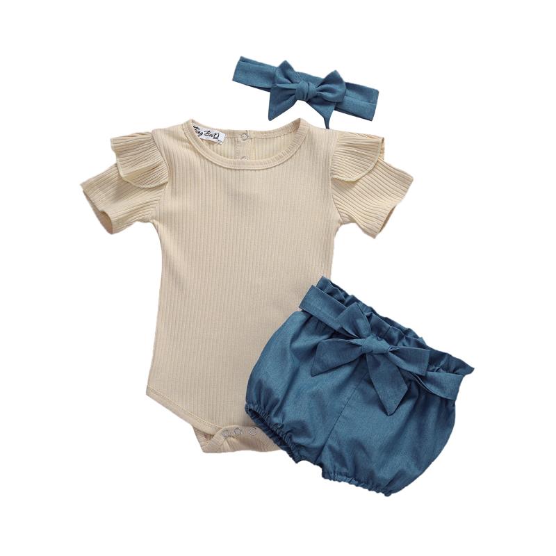 Baby Clothes 2020 Infant Baby Girls Summer Clothes Short Sleeve Tops Bodysuit + Shorts + Headband, Khaki