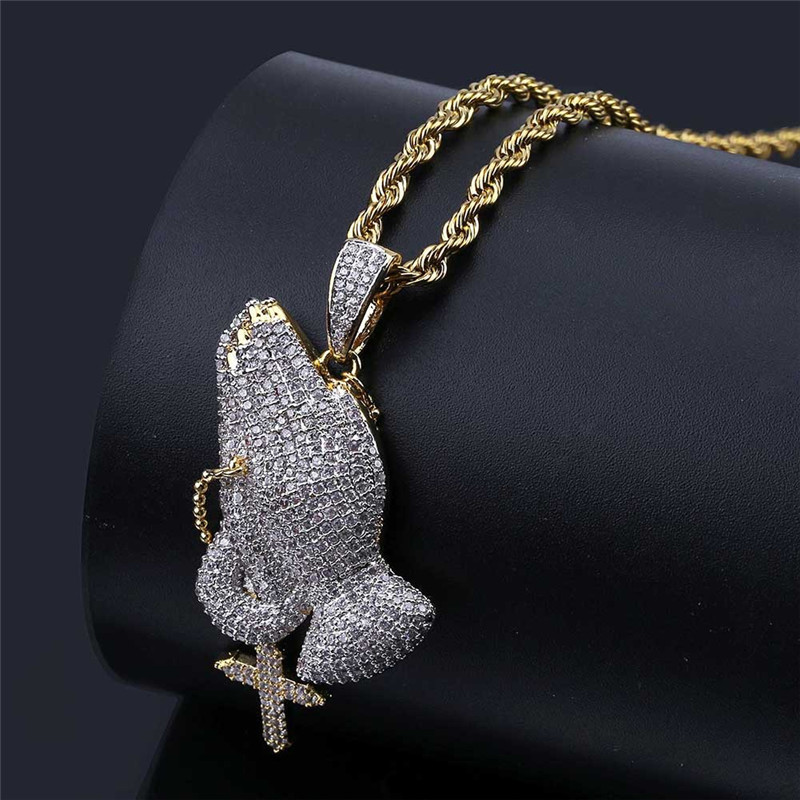 Iced Out Cubic Zircon Praying Hands Pendant With Cross Charms Necklace Fashion Luxury Hip Hop Designer Jewelry
Iced Out Cubic Zircon Praying Hands Pendant With Cross Charms Necklace Fashion Luxury Hip Hop Designer Jewelry