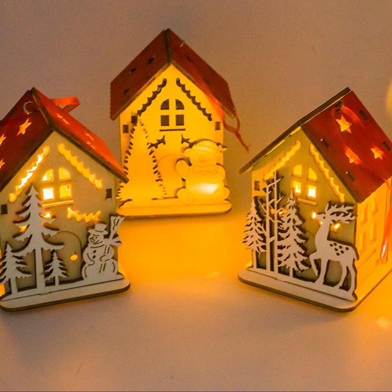 Cute Christmas House Hanging Pendant Lighting 3D Mini Christmas Snow House Wooden Pendant Home Tree Decorations