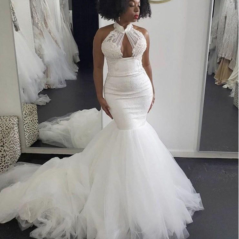 2020 Sexy Mermaid Wedding Dresses High Neck Sleeveless Lace Beading Mermaid African Dubai Bridal Gowns Plus Size vestido de noiva