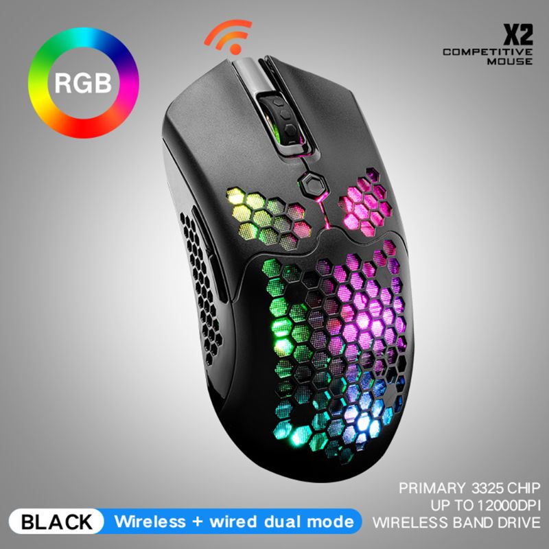 X2 12000DPI Dual Mode Gaming Mouse 7 Keys Hollow Out Design Wireless Mouse with RGB Light Effect for Laptop PC Computer