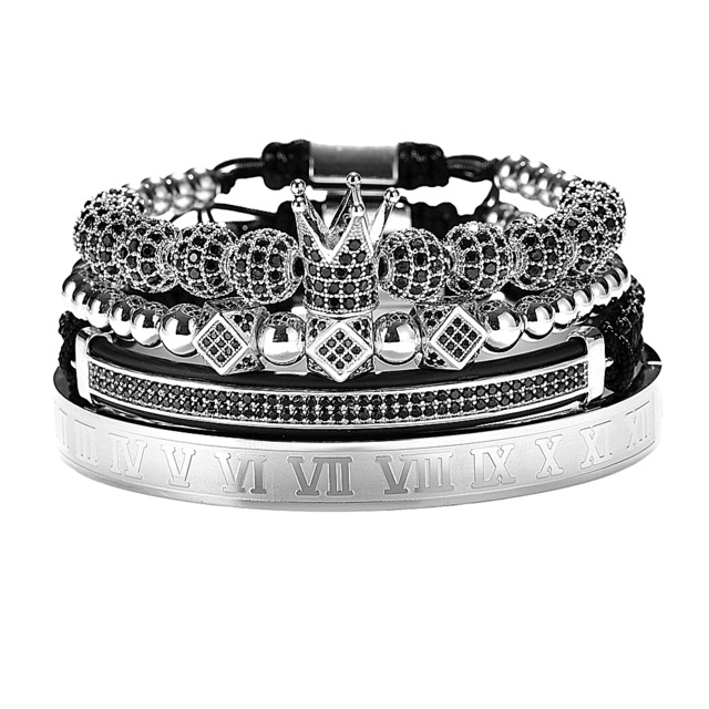 Luxury Gold Braided Adjustable Bracelet Men Male Beads Crown Black Cz Zircon Charm Stainless Steel Jewelry Gift Valentine's Day Christmas