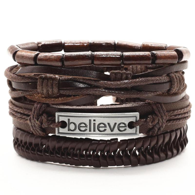 Vintage Wood Beaded Cross Believe Words Rivets Charm Genuine Leather Men Bracelet Homme Women Femme Male Jewelry 3-4 pcs/set
Vintage Wood Beaded Cross Believe Words Rivets Charm Genuine Leather Men Bracelet Homme Women Femme Male Jewelry 3-4 pcs/set