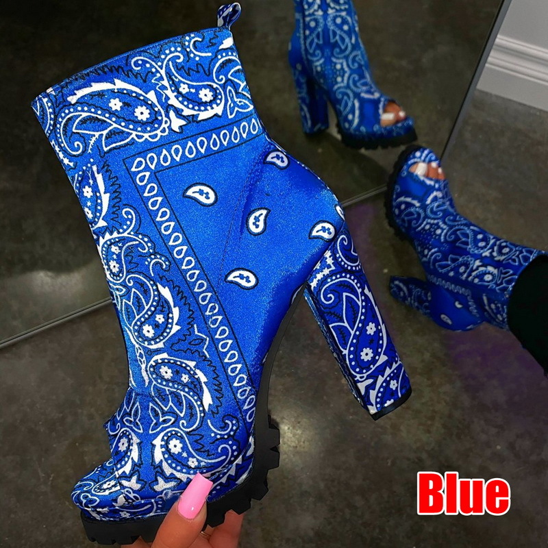 Totem Printing Fashion Ankle Boots For Women Thick Heels Autumn Winter Flock Platform Shoes High Heels Zipper Ladies Boots Red