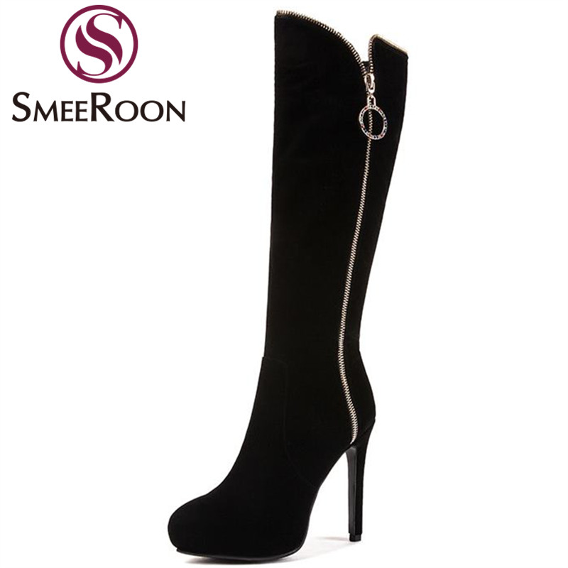 Smeeroon large size flock boots platform convenient autumn winter boots round toe comfortable knee high women's shoes, Black not fur 
Smeeroon large size flock boots platform convenient autumn winter boots round toe comfortable knee high women's shoes, Black not fur
