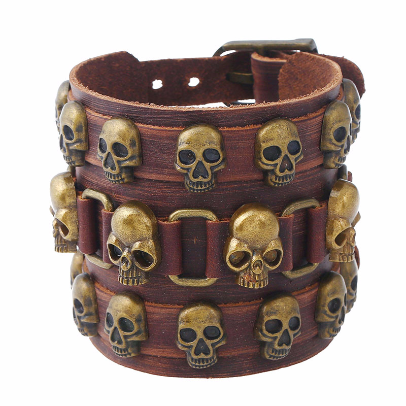 Punk Genuine Leather Bracelet Men Skeleton Wide Leather Bangles Adjustable Buckle Wrap Bracelets Jewelry Black Brown Optional