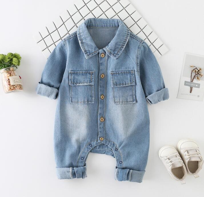 Spring Baby Toddler Long Sleeve Lapel Collar Denim Jeans Giraffe Rainbow Pattern Rompers Kids Infant Jumpsuits roupas de bebe LY083