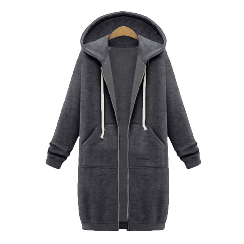 Laamei Autumn Winter Casual Women Long Hoodies Sweatshirt Coat Zip Up Outerwear Hooded Jacket Plus Size Outwear Tops