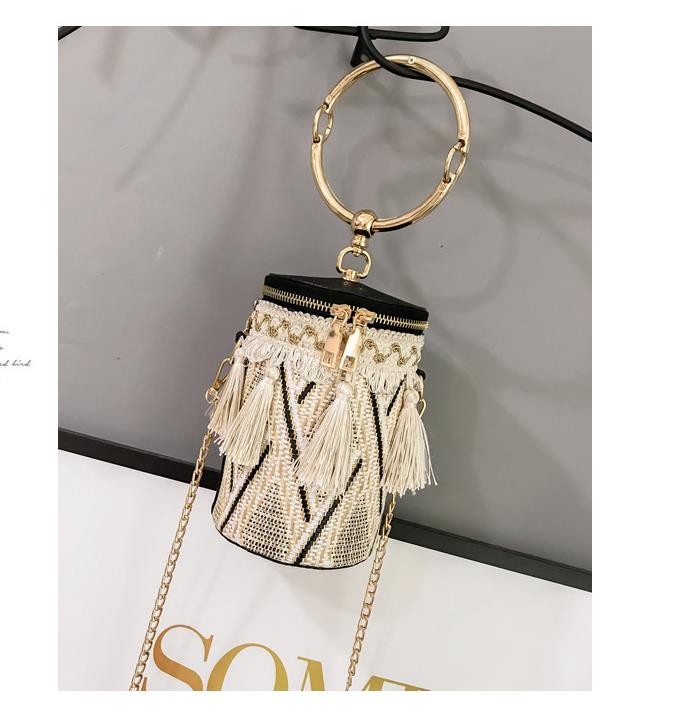 Chain National Wind Ring Shoulder Bag Straw Woven Cylinder Small Bag Small Fairy Tassel Bucket Bag Best Selling, Khaki
Chain National Wind Ring Shoulder Bag Straw Woven Cylinder Small Bag Small Fairy Tassel Bucket Bag Best Selling, Khaki