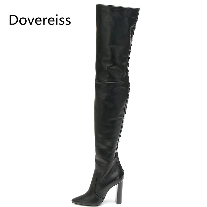 

Dovereiss Fashion Women's Shoes Winter Pointed Toe sexy new Zipper Elegant Chunky heels Over the knee boots Lace up Mature 33-48, Black pu
