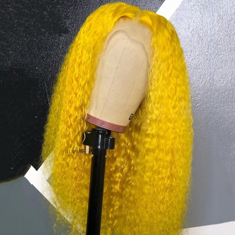 Fashion party celebrity style yellow color wig Brazilian water Wave Transparent Lace Front synthetic lace Wigs 150% Density for black women