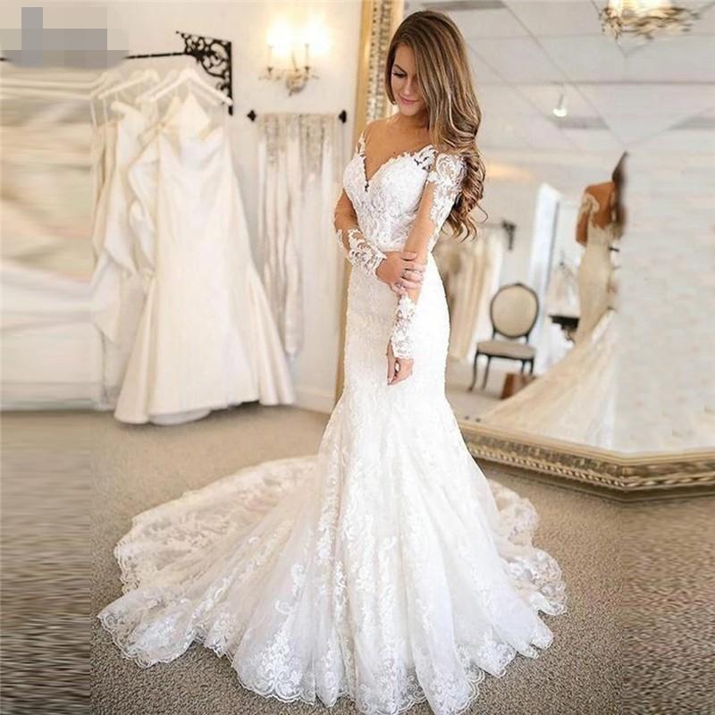 Custom Long Sleeves Lace Mermaid Wedding Dresses 2020 with Appliques Sweep Train Tulle Plus Size Wedding Bridal Gowns vestido de noiva, White 
Custom Long Sleeves Lace Mermaid Wedding Dresses 2020 with Appliques Sweep Train Tulle Plus Size Wedding Bridal Gowns vestido de noiva, White