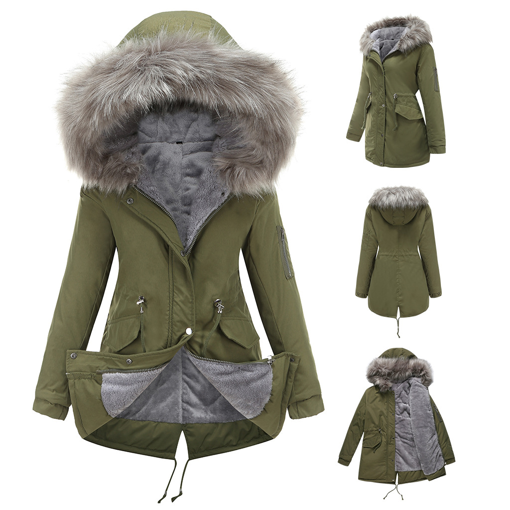 European code plus fur collar thickening women' cotton-padded jacket mid-length hooded windbreaker winter warmth plus velvet coat, Red
European code plus fur collar thickening women' cotton-padded jacket mid-length hooded windbreaker winter warmth plus velvet coat, Red