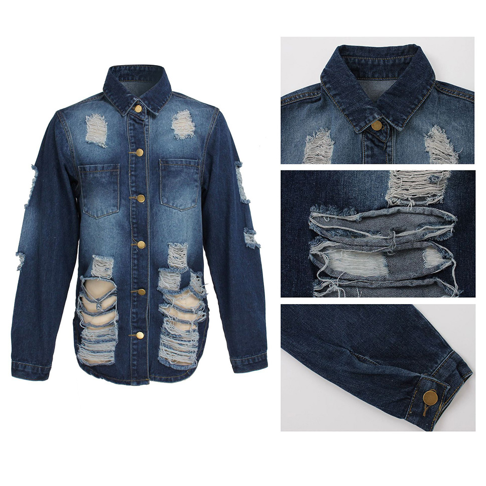 Plus Size Long Jackets Jeans Coats Women Ripped Denim Jacket Lady Vintage Frayed Jackets Hole Outwear