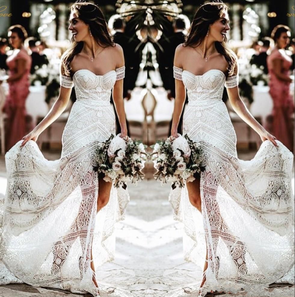 Sexy Bohemian Lace Mermaid Wedding Dresses High Side Split Beach Off Shoulder Sweep Train Wedding Dress Bridal Gowns Vestidos De Noiva, Burgundy
Sexy Bohemian Lace Mermaid Wedding Dresses High Side Split Beach Off Shoulder Sweep Train Wedding Dress Bridal Gowns Vestidos De Noiva, Burgundy