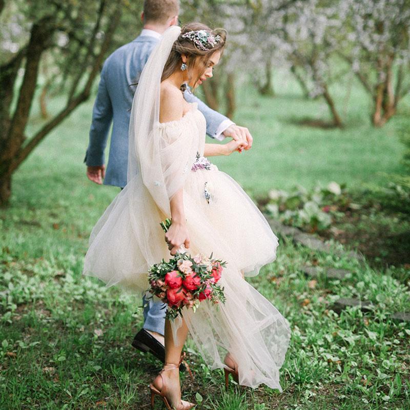 Short Dresses Off The Shoulder Tulle Ruched Princess A Line Garden Wedding Bridal Gown Custom Made Vestido De Novia 403 D0311
