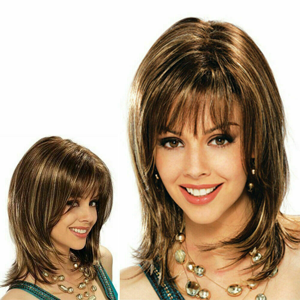 Women Short Straight Wig Ombre Brown Synthetic Hair Fancy Dress Cosplay Party