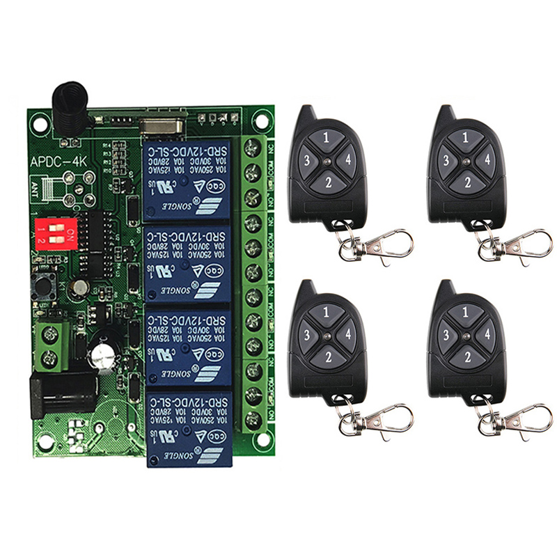 433Mhz Universal Wireless Remote Switch DC 12V 4 CH 4CH relay Receiver Module and RF Remote Control 433 Mhz Transmitter
433Mhz Universal Wireless Remote Switch DC 12V 4 CH 4CH relay Receiver Module and RF Remote Control 433 Mhz Transmitter